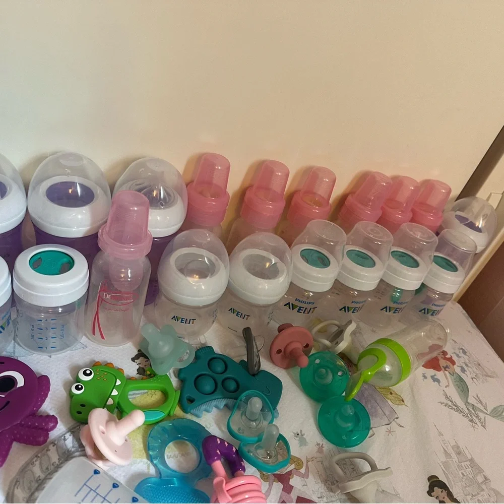 Baby Bottle and Pacifier Set - Pink, Blue, Green